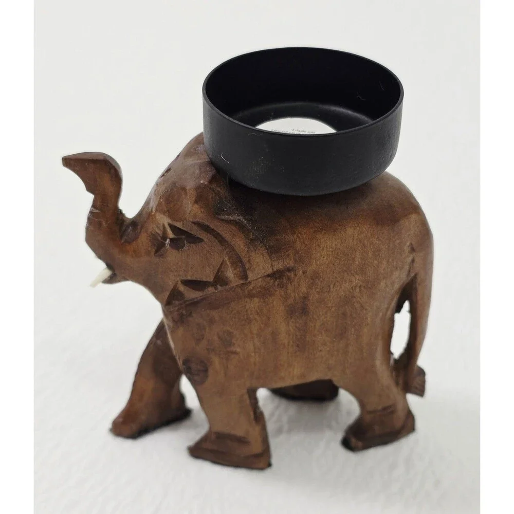 Vintage Wooden Carved Elephant Tea Light Candle Holder